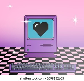 Old retro computer with CRT monitor and keyboard. Vaporwave vintage style aesthetics.