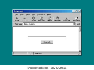 Old retro computer web browser search box interface featuring vintage network and internet components, pixel art details, and an 8-bit aesthetic inspired by classic computer software.