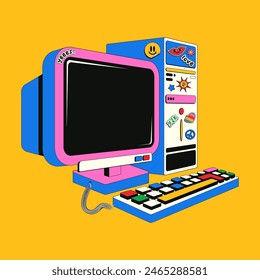 Old retro computer in Y2k style. Colorful vector illustration of a pink computer in isometry covered with cute stickers. Nostalgia for 1990s -2000s.