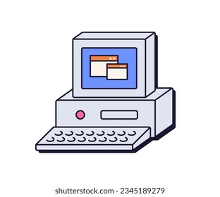 PC de escritorio retro antiguo. Computadora personal de los años 90. Tecnología de los años 90, máquina electrónica con monitor y teclado, nostalgia icono tecnológico. Ilustración vectorial gráfica plana aislada en fondo blanco