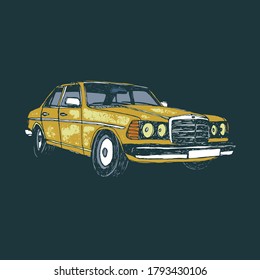 Old retro distressed car 70s or 80s. Vector illustration on isolated background. Design concept for poster, banner or sticker.