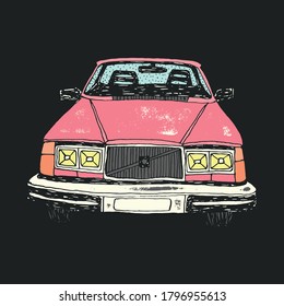 Old retro distressed car 70s or 80s. Vector illustration on isolated background. Design concept for poster, banner, sticker or t-shirt.