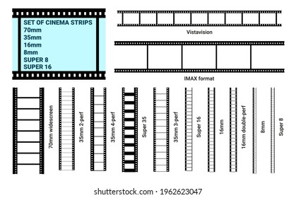 Old retro film strip frame set isolated on white background. Reel cinema filmstrip template. Graphic element. Vector illustration. Vistavision, super 8, super 16, Imax, 70mm, 35mm, 8mm, 16mm.