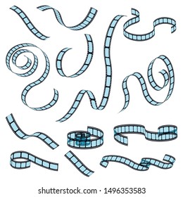 Old retro film strip isolated objects, reel and cinema filmstrip vector. Photo slide or tape, swirls and curls, movie and cinema projection. Vintage old-fashioned technology, photography and video