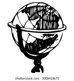 Old, retro geographic Earth globe with grid, latitude, longitude, symbol, vector, illustration in black and white color, isolated on white background