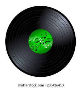 Old, retro green vinyl record with the notation lines and musical notes, LP, eps10 vector art image illustration. isolated on white background