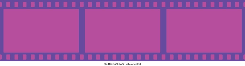 Old retro grunge film long strip, vintage filmstrip roll frame, photo background. Video recording. Movie filmstrip overlay, cinema, photograph camera strips, Violet purple screen. Vector illustration.