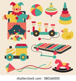 Old retro kid toys and circus carnivals object flat icon design in pastel color style, create by vector
