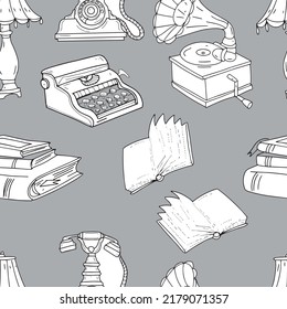 
Old retro lamp typewriter gramophone books graphic illustration hand drawn big set separately on white background stickers clipart
