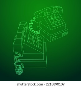 Old retro landline telephone. Vintage phone call center concept. Wireframe low poly mesh vector illustration