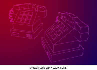Old retro landline telephone. Vintage phone call center concept. Wireframe low poly mesh vector illustration