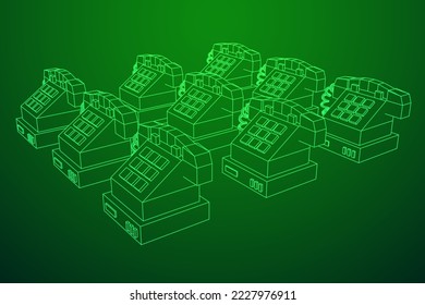 Old retro landline telephone. Vintage phone call center concept. Wireframe low poly mesh vector illustration