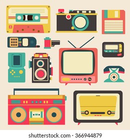 Old retro media communication technology such as mobile phone camera radio television diskette casette tape pager and loudspeaker amplifier flat icon design, create by vector
