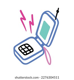 Old retro mobile phone clamshell with antenna. Push-button phone. Illustration or sticker in doodle simple outline style.