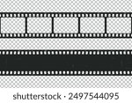 Old retro movie film strip set with grunge texture on transparent background. Film strip templates. Cinema and filmmaking concept. Vector illustration