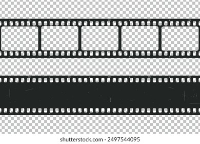 Old retro movie film strip set with grunge texture on transparent background. Film strip templates. Cinema and filmmaking concept. Vector illustration