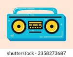 Old retro music player, trendy youth cassette tape recorder. Vector cartoon pop illustration, 90s style.