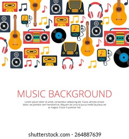 Old retro music vinyl records cd cassette players and notes symbols seamless background banner abstract vector illustration