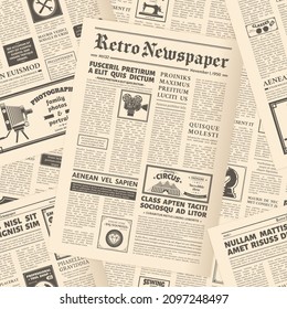 Old Retro Newspaper Spread Pages Background Poster. Vintage Newspaper Pages Seamless Pattern, Newsprint Vector Background Illustration