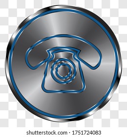Old, retro phone simple icon on metal round button. Transparent grid