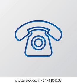 Old, retro phone simple icon. Flat design. Paper cut design. Cutted blue symbol with shadow. Gray background.ai