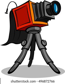 Old retro photo camera with tripod. Cartoon vector illustration.