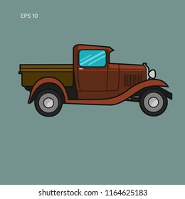 Old retro pickup truck flat design vector illustration. Vintage transport vehicle icon. Antique pre-war machine.