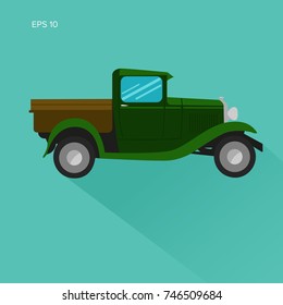 Old retro pickup truck flat design vector illustration. Vintage transport vehicle icon. Antique pre-war machine.