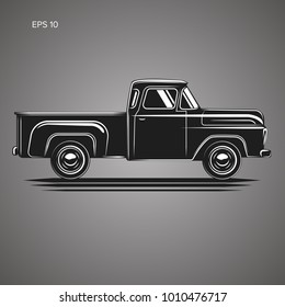Old retro pickup truck vector illustration. Vintage transport vehicle
