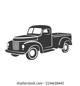 Old retro pickup truck vector illustration. Vintage transport vehicle. Simple vector icon or logo