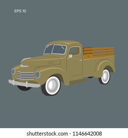Old retro pickup truck vector illustration. Vintage transport vehicle. Simple vector icon or logo