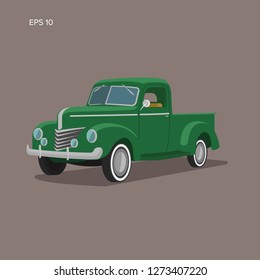 Old retro pickup truck vector illustration. Vintage transport vehicle. Simple vector icon or logo