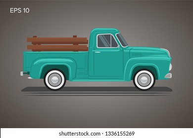 Old retro pickup truck vector illustration. Vintage transport vehicle. Farming workhorse