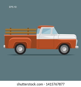 Old retro pickup truck vector illustration. Vintage transport vehicle. Farming workhorse