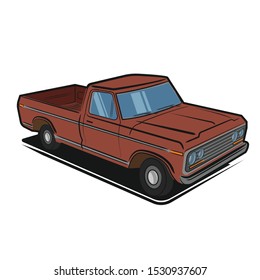 Old retro pickup truck vector illustration. Vintage transport vehicle. Farming workhorse. Pop-art comic style