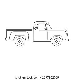 Old Retro Pickup Truck Vector Illustration. Vintage Transport Vehicle. Farming Workhorse Line Art Style