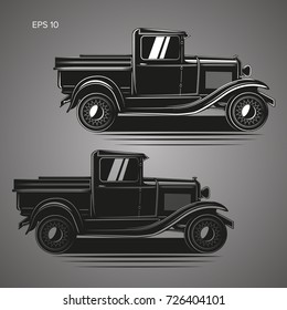 Old retro pickup truck vector illustration. Vintage transport vehicle. Antique pre-war machine.