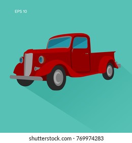Old retro pickup truck vector illustration. Vintage transport vehicle flat design