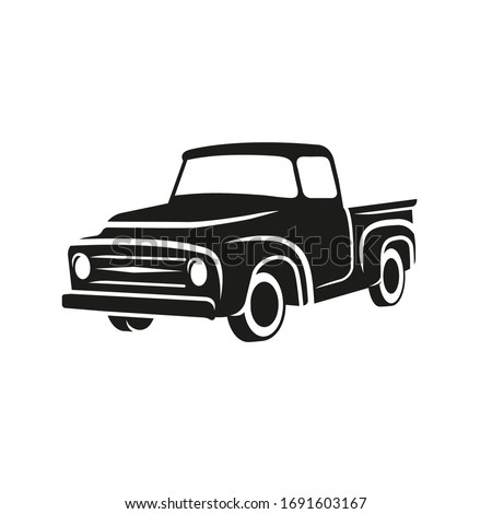Old retro pickup truck vector illustration. Vintage transport vehicle. Simple vector icon or logo