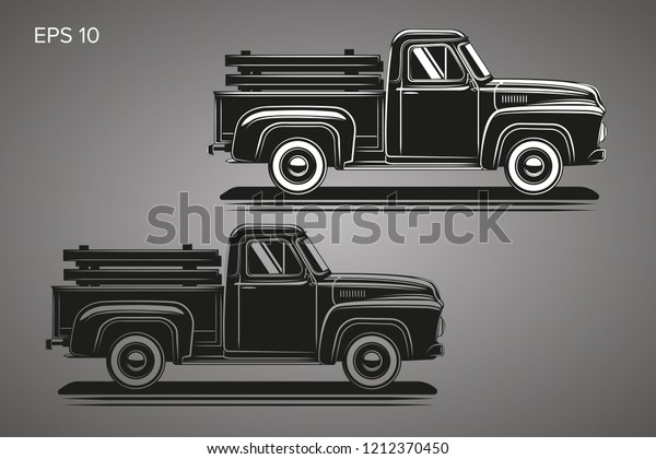 Old retro pickup truck vector\
illustration. Vintage transport vehicle. Farming\
workhorse