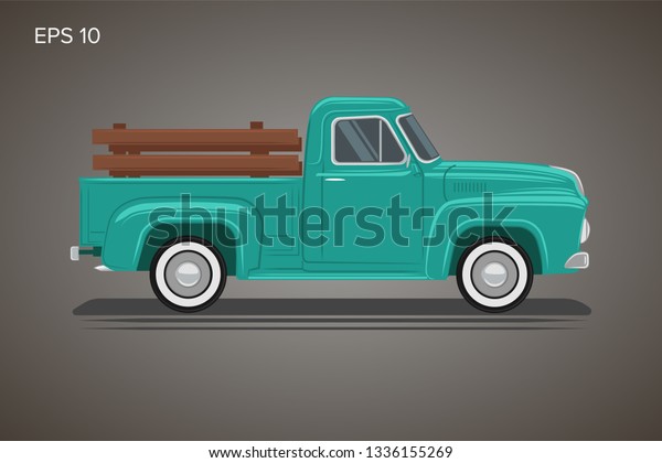 Old retro pickup truck vector\
illustration. Vintage transport vehicle. Farming\
workhorse