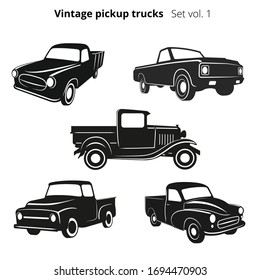 Old retro pickup trucks vector illustration set. Vintage transport vehicles. Simple vector icons or logo