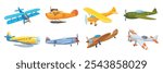 Old retro planes. Vintage plane transportation, aeroplane biplane sport civil or military aviation historic air vehicles propeller aircraft flight cartoon neat vector illustration original artwork