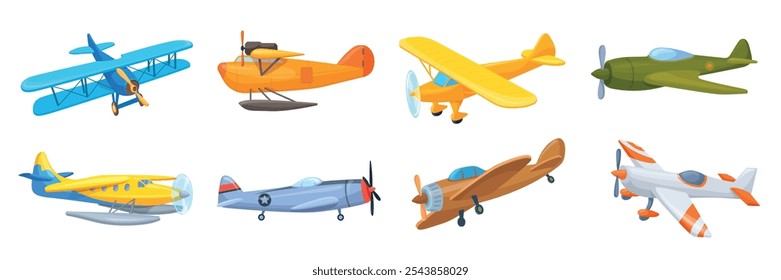 Viejos aviones retro. Antiguas Avión Transporte, Avión Biplane Sport Aviación civil o militar Vehículos aéreos históricos Hélice Avión de vuelo Dibujos animados Ilustración vectorial ordenada Obra de arte original