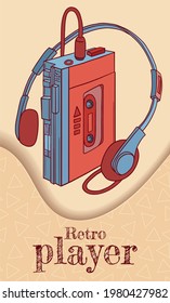 old retro player for tapes in blue and orange colours. cartoon style with strokes