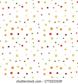 Vector de puntos de polka retro antiguo sin fisuras. Cuidados círculos rojos de color amarillo verde claro dibujados a mano sobre fondo blanco. Para papel, tela o papel de envolver regalo