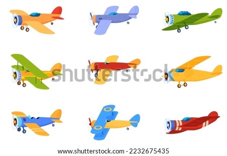 Old retro propeller planes. Airplanes for flight in the sky among the clouds. Vector illustration