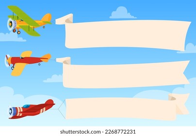 Old retro propeller planes with ribbons banners for text. Airplanes for flight in the sky among the clouds. Vector illustration