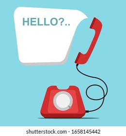 Antiguo teléfono rojo retro con burbuja de habla Adiós sobre fondo azul.  Ilustración vectorial