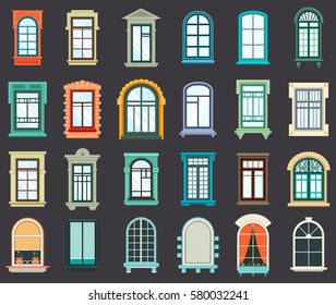 Old or retro room or house wood window frames exterior view. House wall wooden or plastic windows with pots or vase and curtains. Outdoor view on architecture design, vintage decorative arches